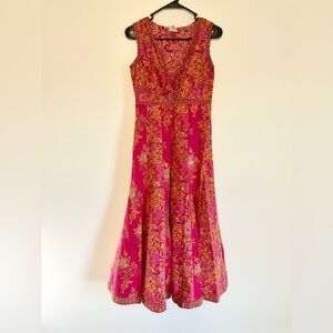 Anokhi Maxi Sleeveless V-Neck Dress XS Long Pink Floral Indian Boho Hippie